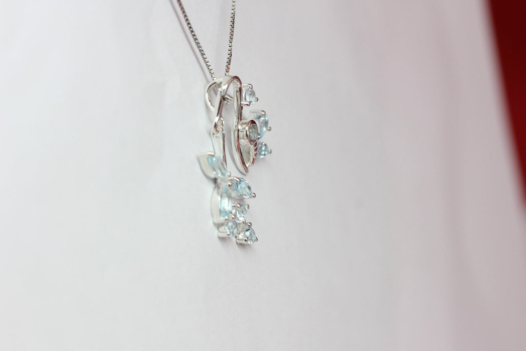 Edler 1,36 Carat Blautopas Libellen Blumen Anhanger 925 Silber Collier Kette Top