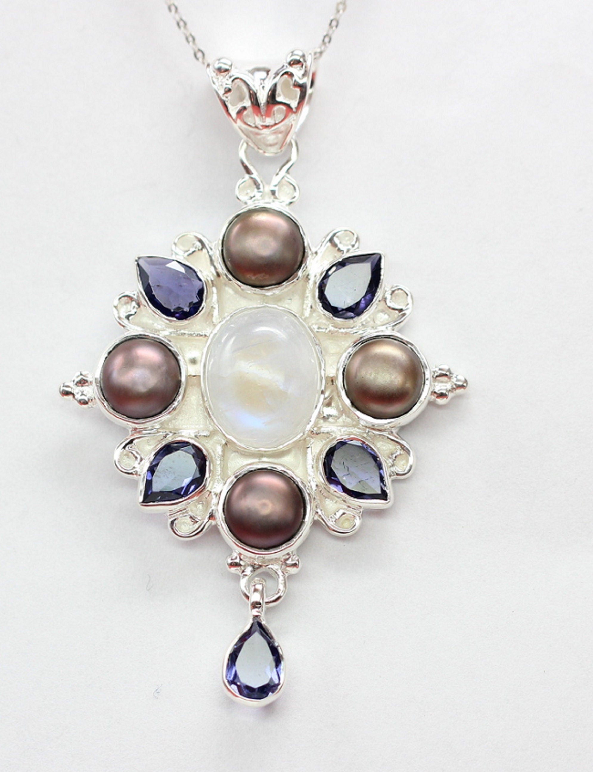Echter Iolith Anhänger Silber 925, Mondstein & Perle Kette, Dunkelblau Edelstein Schmuck, Vintage Design Collier, Geschenk zum Jubiläum Edel