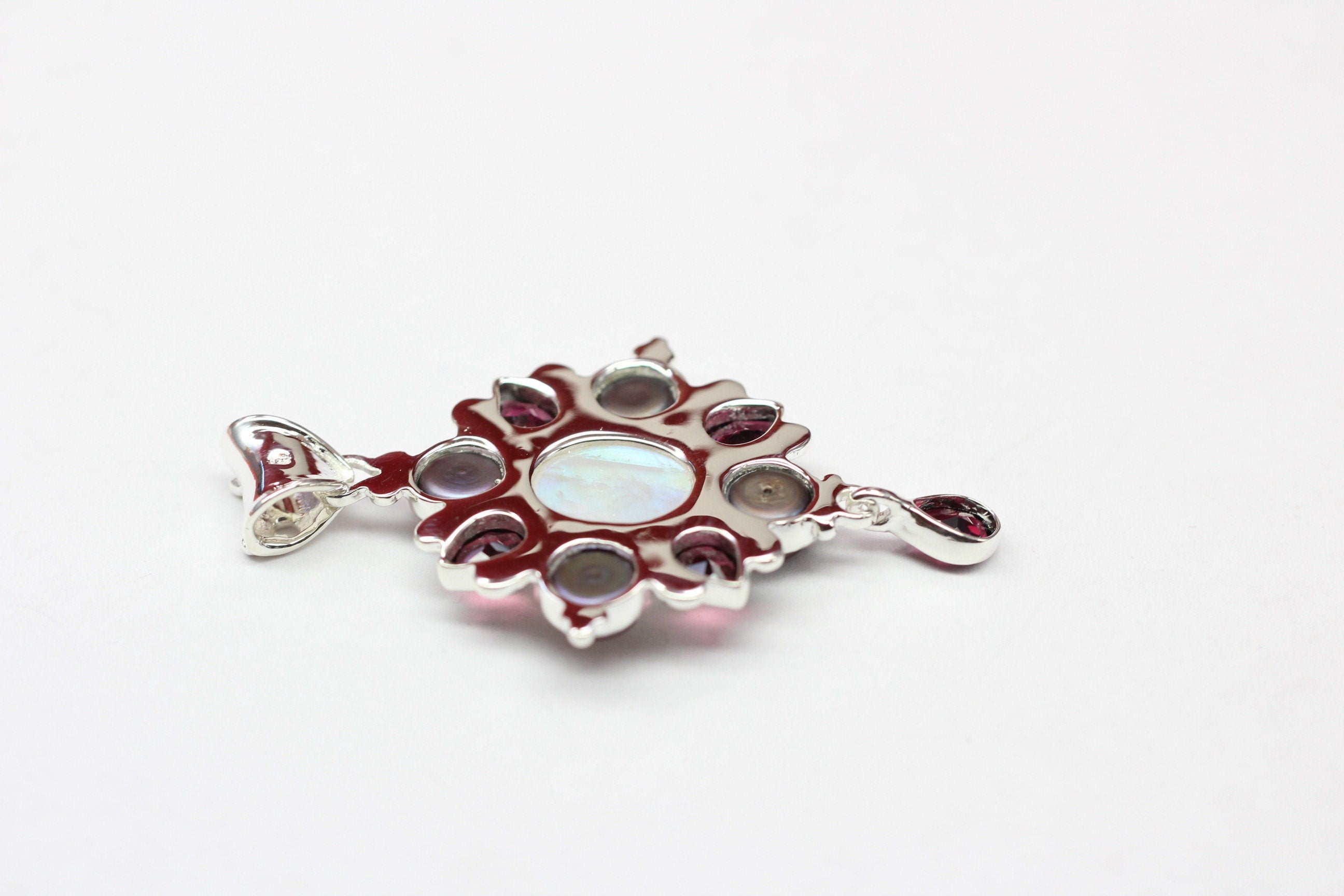 Echter Iolith Anhänger Silber 925, Mondstein & Perle Kette, Dunkelblau Edelstein Schmuck, Vintage Design Collier, Geschenk zum Jubiläum Edel