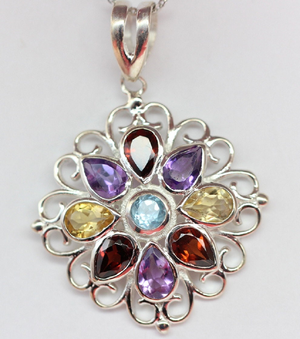 Echter Multi Edelstein Anhänger Silber 925, Tropfen Edelstein Kette Bunt, Regenbogen Schmuck, Filigranes Design, Vintage Stil, Handgefertigt