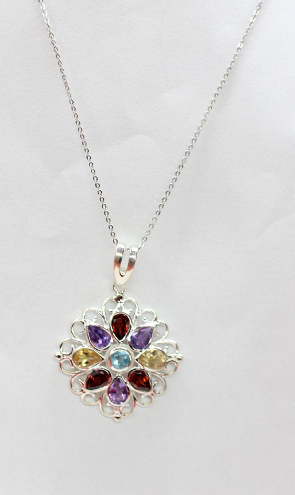 Echter Multi Edelstein Anhänger Silber 925, Tropfen Edelstein Kette Bunt, Regenbogen Schmuck, Filigranes Design, Vintage Stil, Handgefertigt
