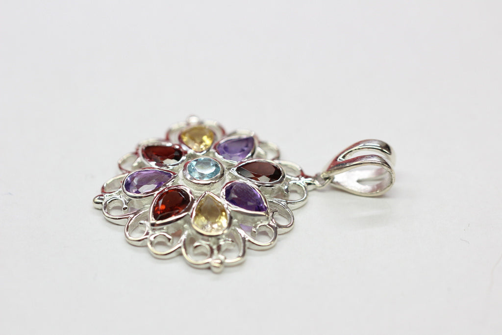 Echter Multi Edelstein Anhänger Silber 925, Tropfen Edelstein Kette Bunt, Regenbogen Schmuck, Filigranes Design, Vintage Stil, Handgefertigt
