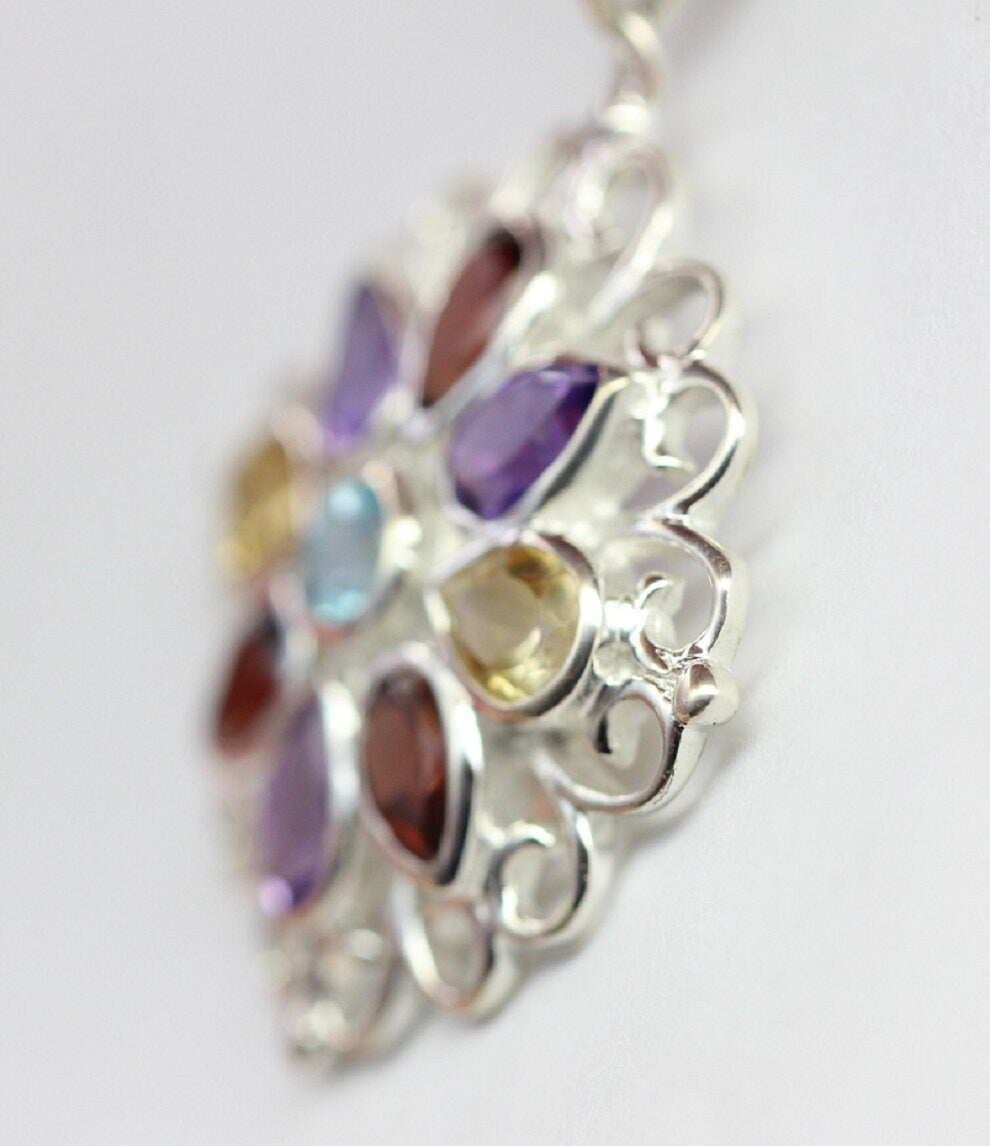 Echter Multi Edelstein Anhänger Silber 925, Tropfen Edelstein Kette Bunt, Regenbogen Schmuck, Filigranes Design, Vintage Stil, Handgefertigt