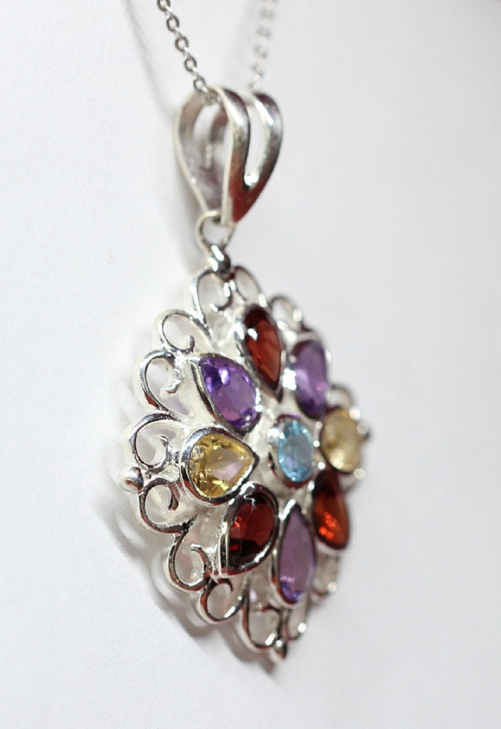 Echter Multi Edelstein Anhänger Silber 925, Tropfen Edelstein Kette Bunt, Regenbogen Schmuck, Filigranes Design, Vintage Stil, Handgefertigt