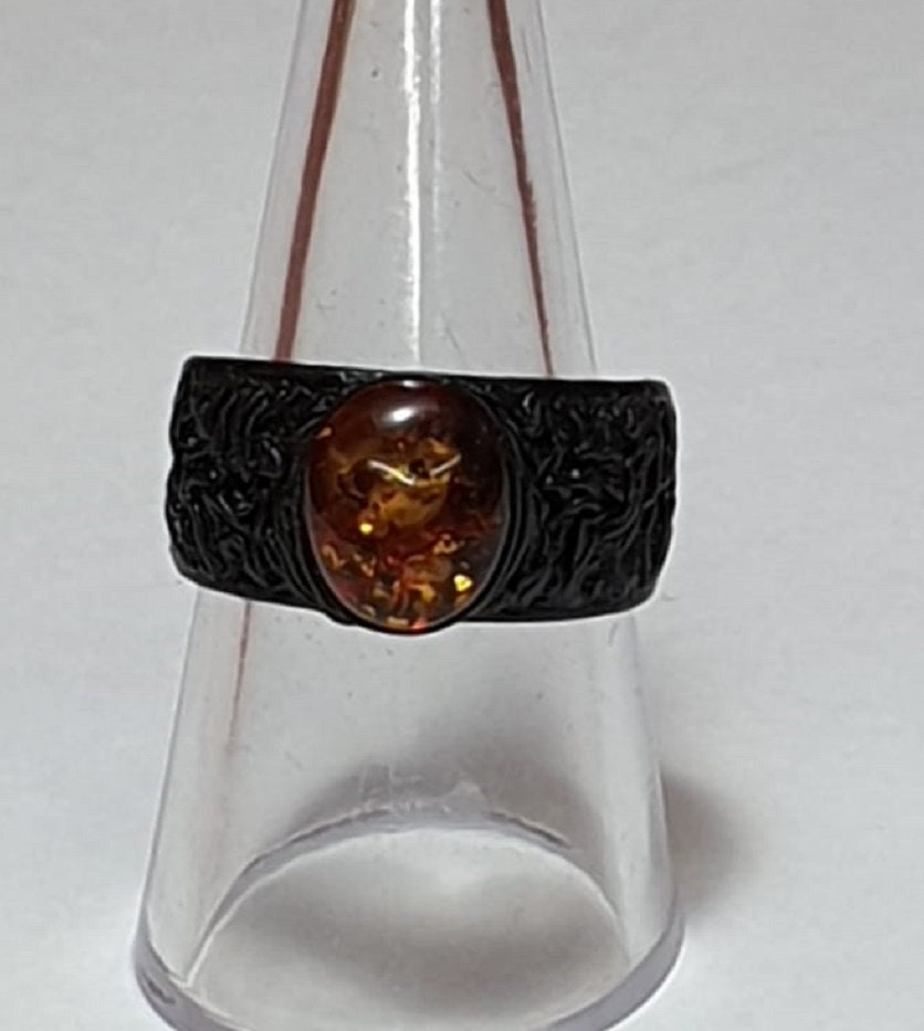 stylischer Bernstein Cabochon Lederring rot gran brauner Bernstein Unisex
