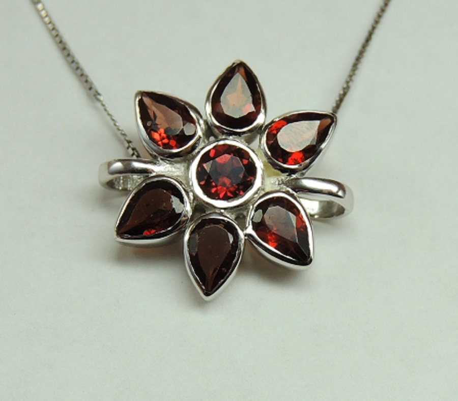 Edler 2,9 Carat Granat Blumen Anhanger 925 Silber Collier Kette blutroter Granat