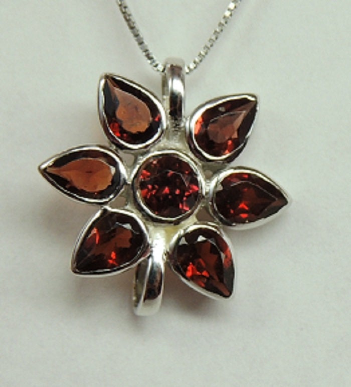 Edler 2,9 Carat Granat Blumen Anhanger 925 Silber Collier Kette blutroter Granat