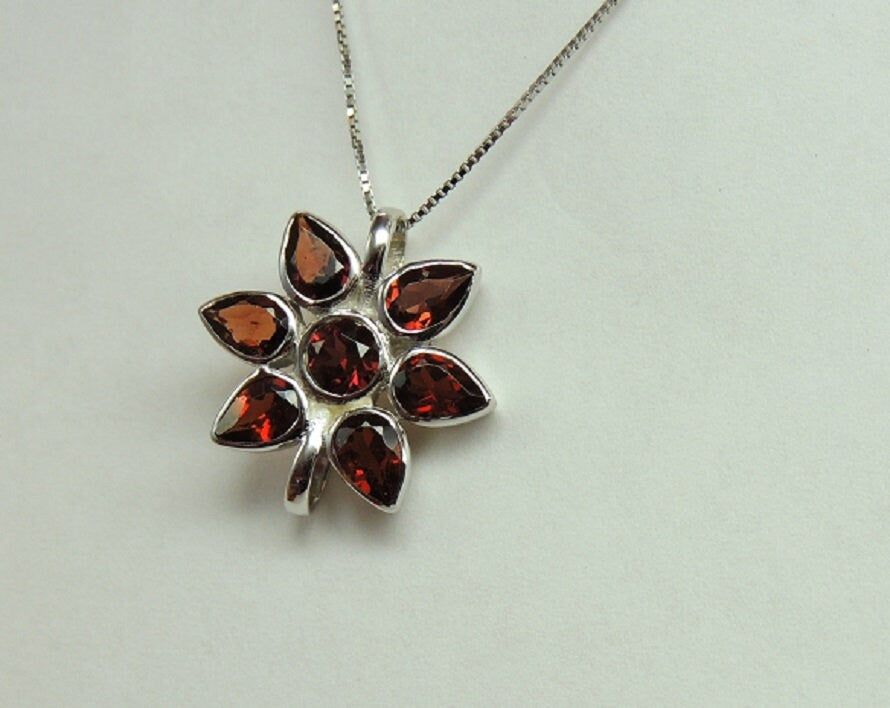 Edler 2,9 Carat Granat Blumen Anhanger 925 Silber Collier Kette blutroter Granat
