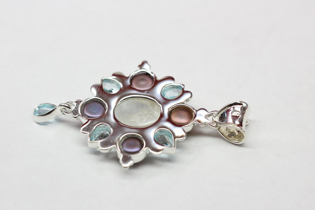 Edler 13,7 Carat Blautopas Perl Regenbogentopas Anhanger 925 Silber Collier Kett