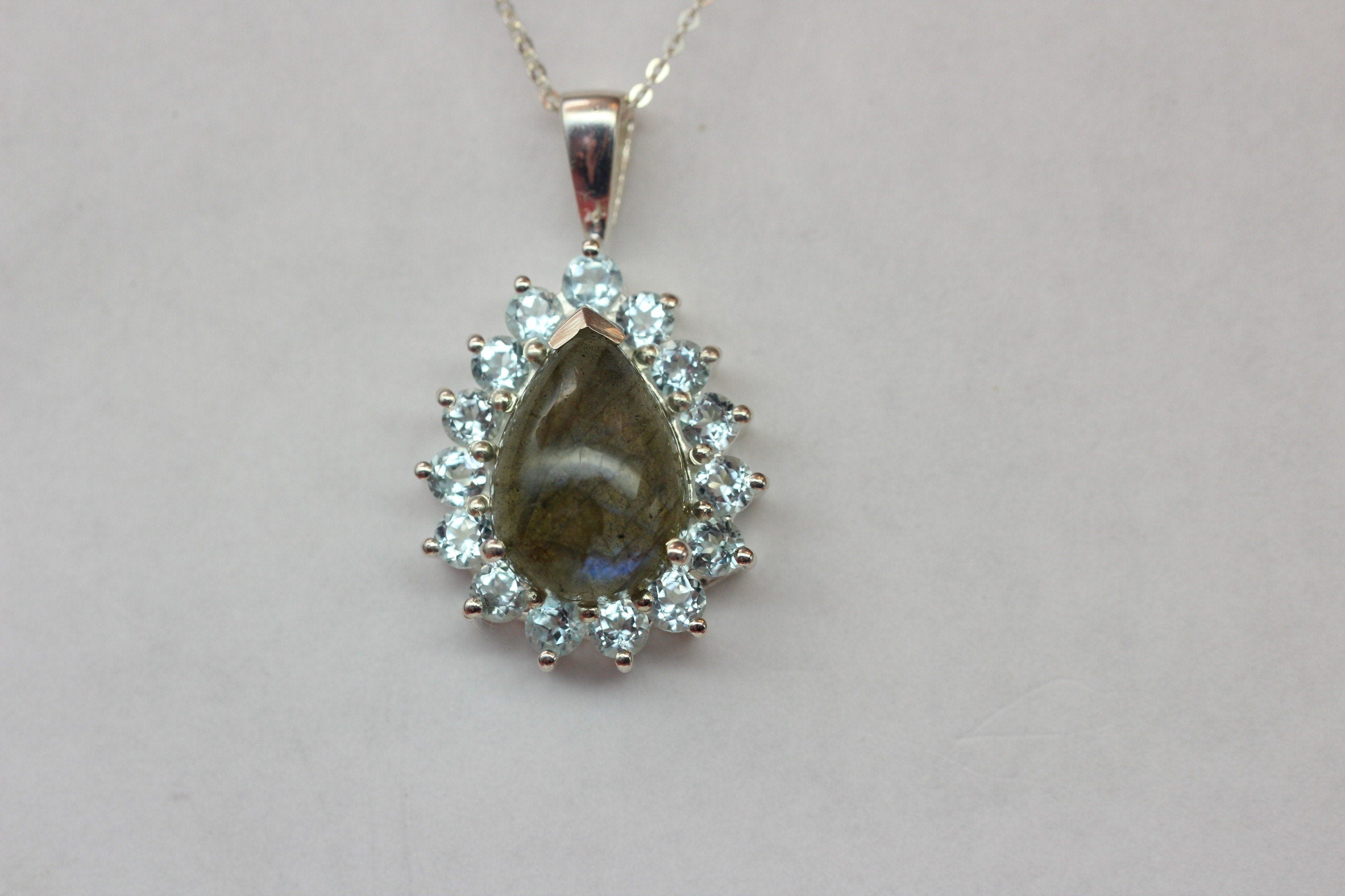 Edler 5,4 Carat Labradorit Anhanger 925 Silber Collier Kette Blauotpas Topas