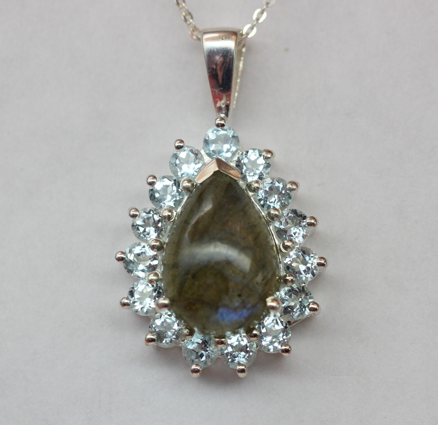 Edler 5,4 Carat Labradorit Anhanger 925 Silber Collier Kette Blauotpas Topas