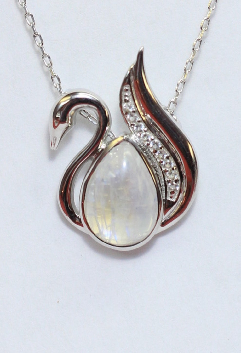 Edler 2,9 Carat  Mondlichttopas Schwanen Anhanger 925 Silber Collier Kette Zirkonia