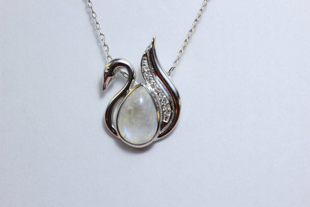 Edler 2,9 Carat  Mondlichttopas Schwanen Anhanger 925 Silber Collier Kette Zirkonia
