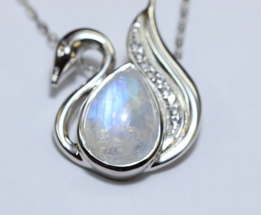 Edler 2,9 Carat  Mondlichttopas Schwanen Anhanger 925 Silber Collier Kette Zirkonia