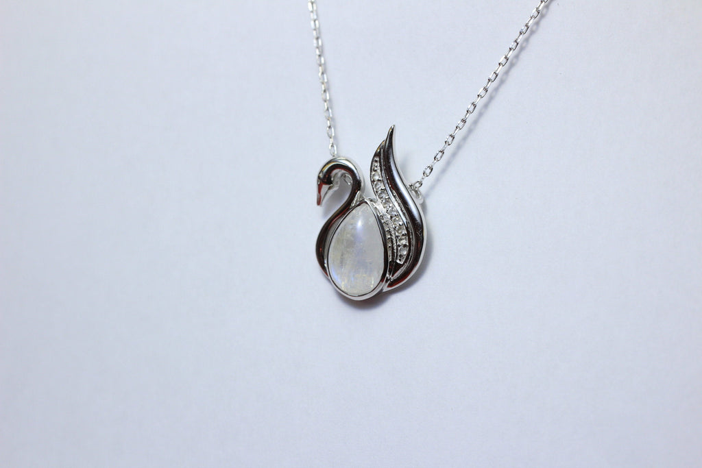 Edler 2,9 Carat  Mondlichttopas Schwanen Anhanger 925 Silber Collier Kette Zirkonia