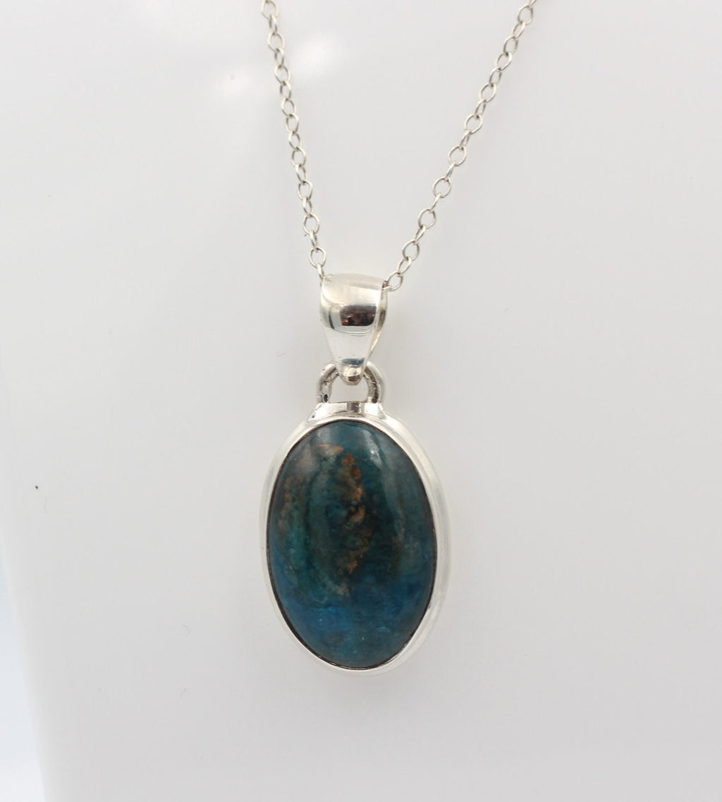 31 Carat neon blauer Apatit Anhänger 925 Silber Cabochon Collier Kette Apatit