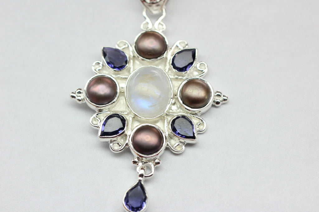 Echter Iolith Anhänger Silber 925, Mondstein & Perle Kette, Dunkelblau Edelstein Schmuck, Vintage Design Collier, Geschenk zum Jubiläum Edel