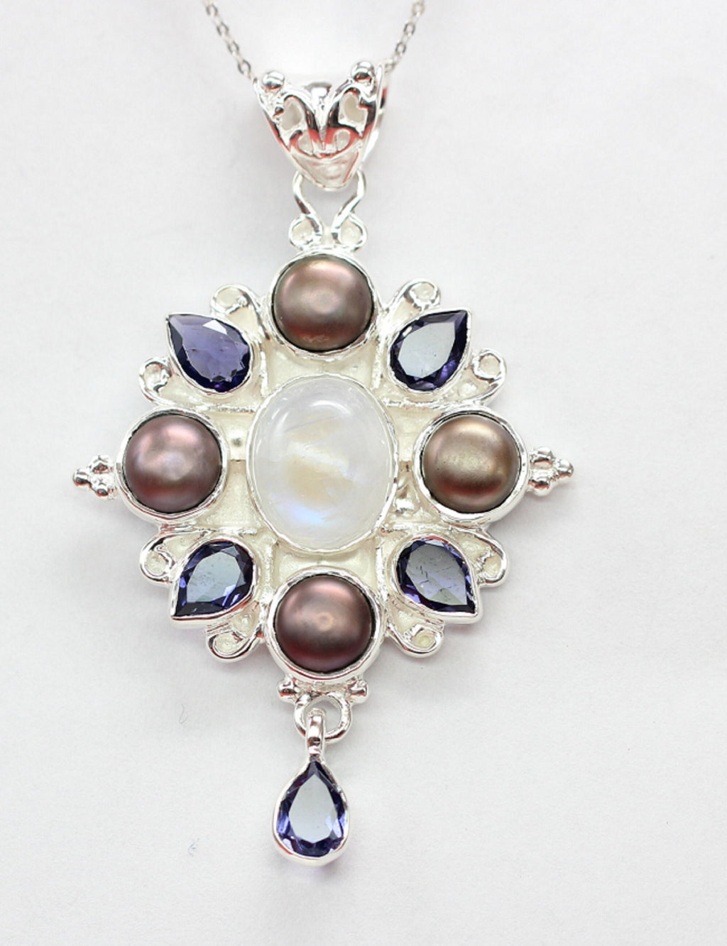 Echter Iolith Anhänger Silber 925, Mondstein & Perle Kette, Dunkelblau Edelstein Schmuck, Vintage Design Collier, Geschenk zum Jubiläum Edel