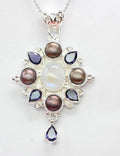 Echter Iolith Anhänger Silber 925, Mondstein & Perle Kette, Dunkelblau Edelstein Schmuck, Vintage Design Collier, Geschenk zum Jubiläum Edel