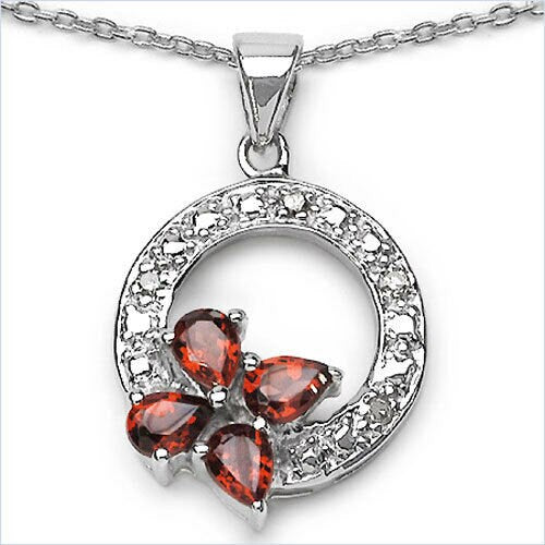 0,84 Carat Diamant / Granat Anhanger / Collier, 925 Silber, Rhodiniert