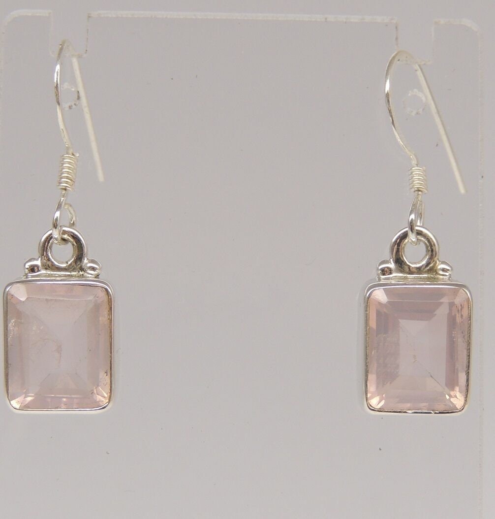 Edle 4,8 Carat Rosenquarz Ohrhaken 925 Silber Ohrhanger Smaragd Schliff Edel