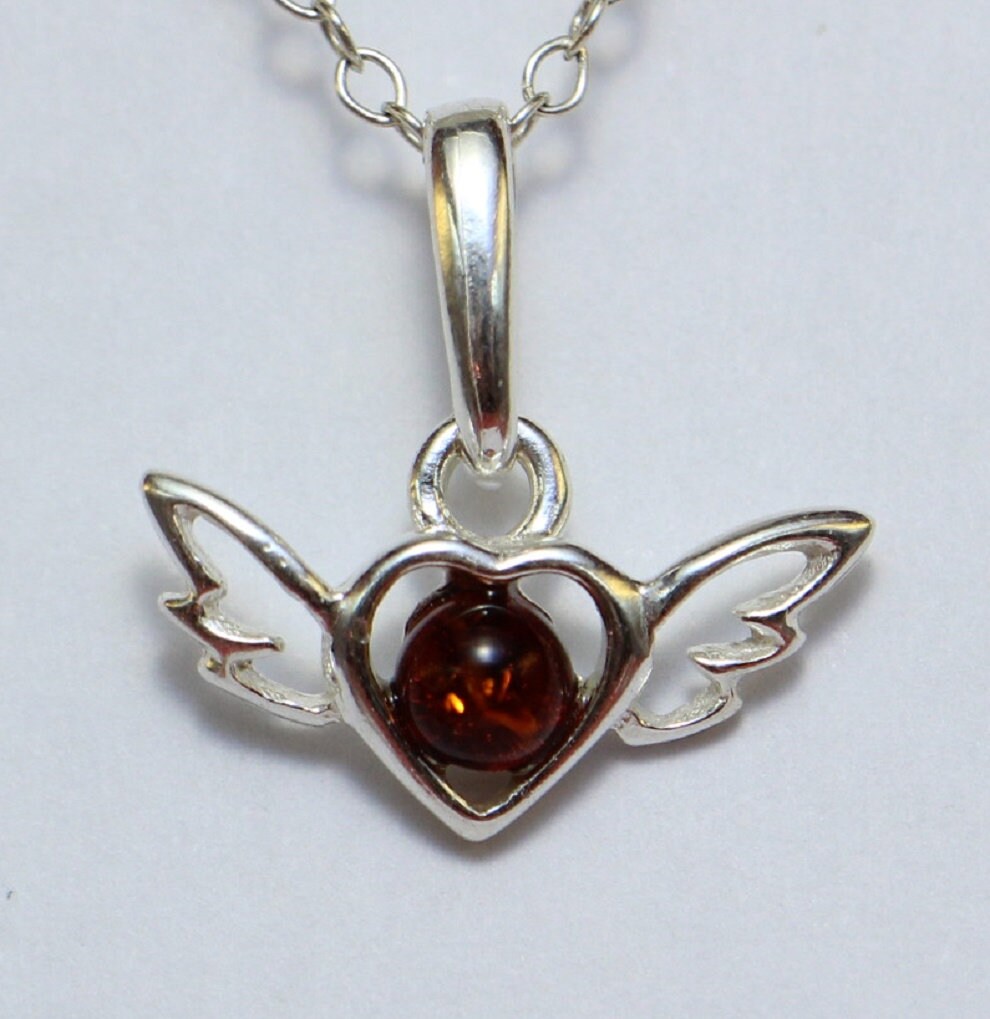 Bernstein Herzt mit Flageln 925 Silber Collier Kette Bernstein aus Letland