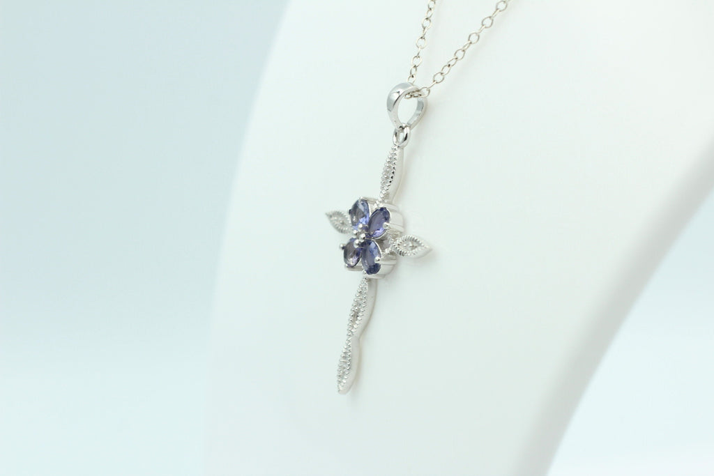 1,6 Carat Iolith Kreuz Anhänger 925 Silber Collier Kette Wassersaphir Luchssaphir