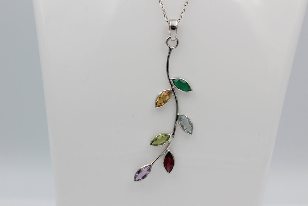 Edler 2,65 Carat Multi Edelstein Blatt Anhänger 925 Silber Collier Kette Top