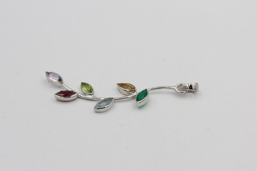 Edler 2,65 Carat Multi Edelstein Blatt Anhänger 925 Silber Collier Kette Top