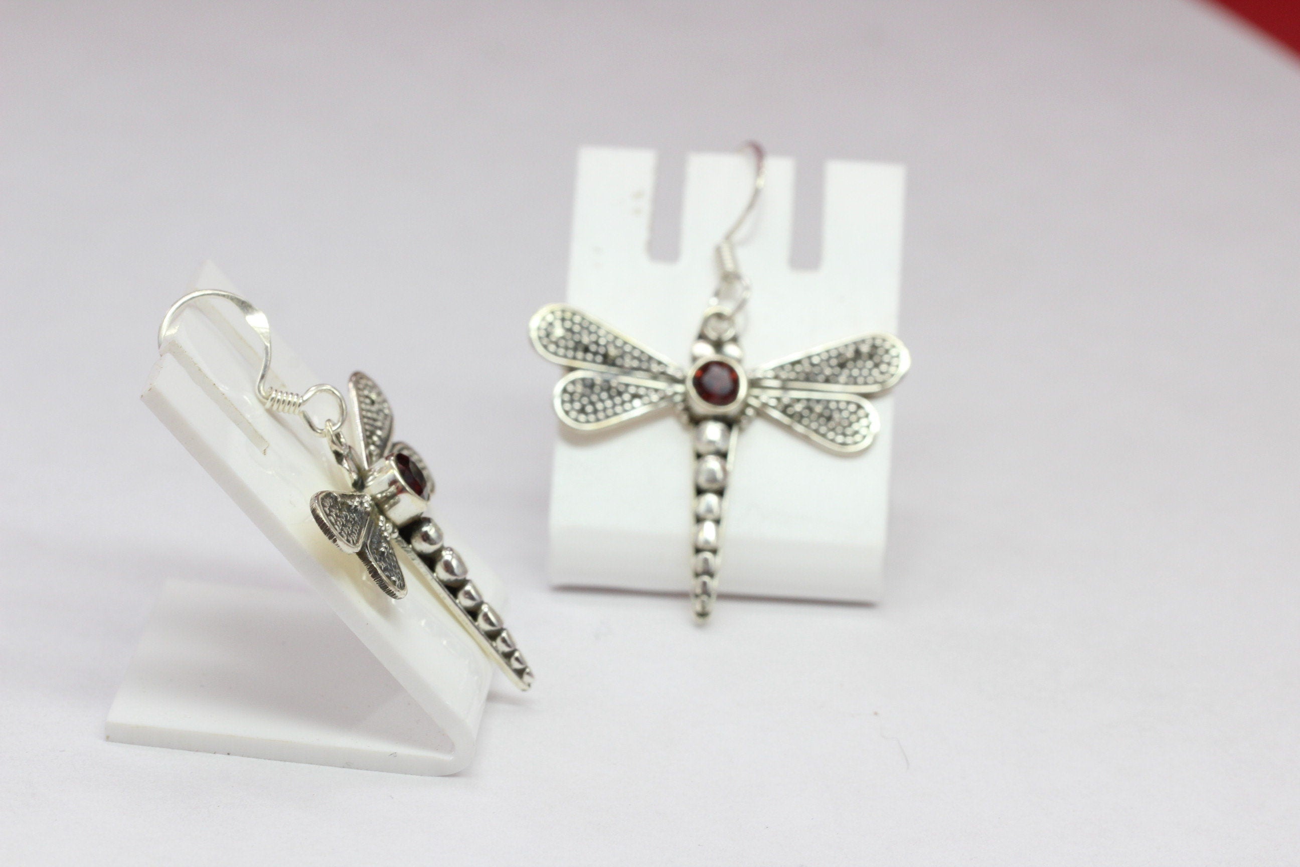 Edle 0,5 Carat Granat Libellen Ohrhanger 925 Silber Ohrring Libelle blutroter Edelstein