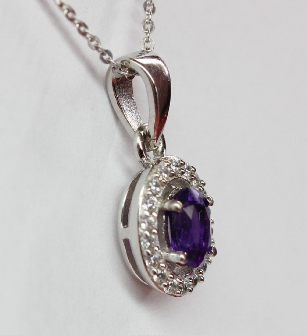 Edler 0,4 Carat Amethyst Anhanger 925 Silber Collier Kette Zirkonia American Diamant