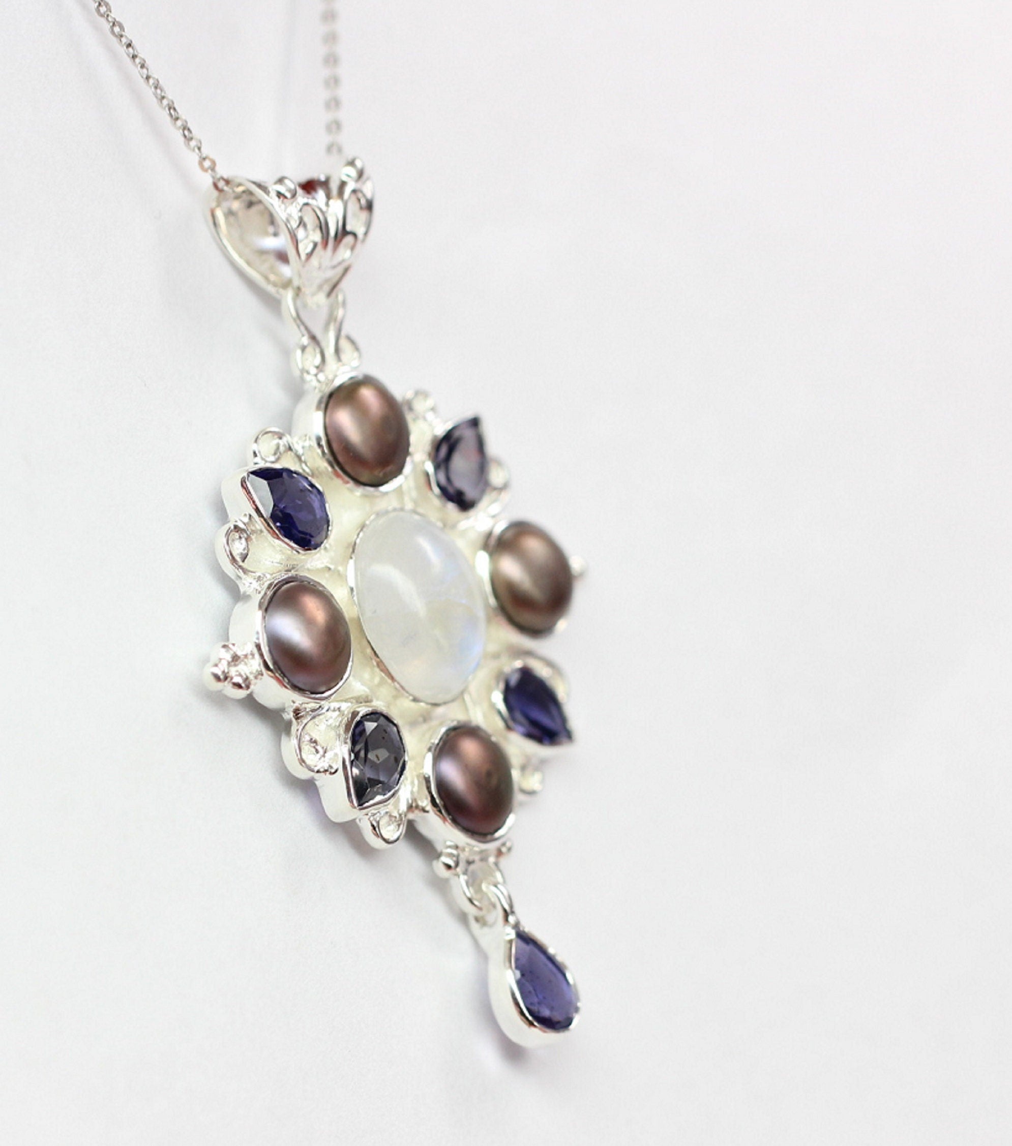 Echter Iolith Anhänger Silber 925, Mondstein & Perle Kette, Dunkelblau Edelstein Schmuck, Vintage Design Collier, Geschenk zum Jubiläum Edel