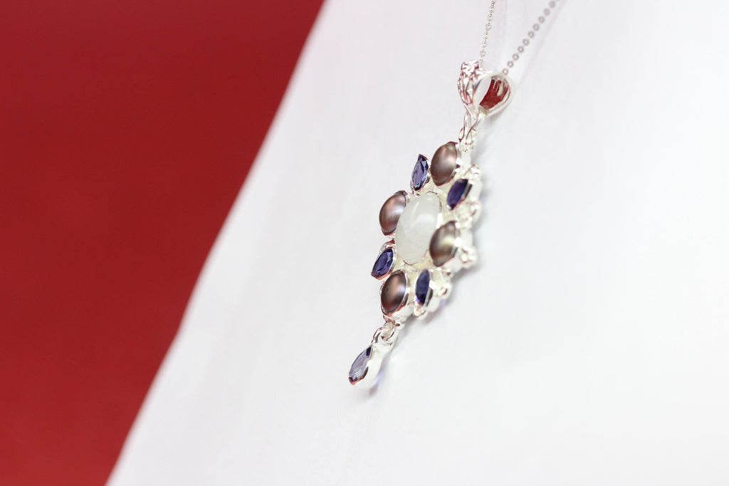 Echter Iolith Anhänger Silber 925, Mondstein & Perle Kette, Dunkelblau Edelstein Schmuck, Vintage Design Collier, Geschenk zum Jubiläum Edel