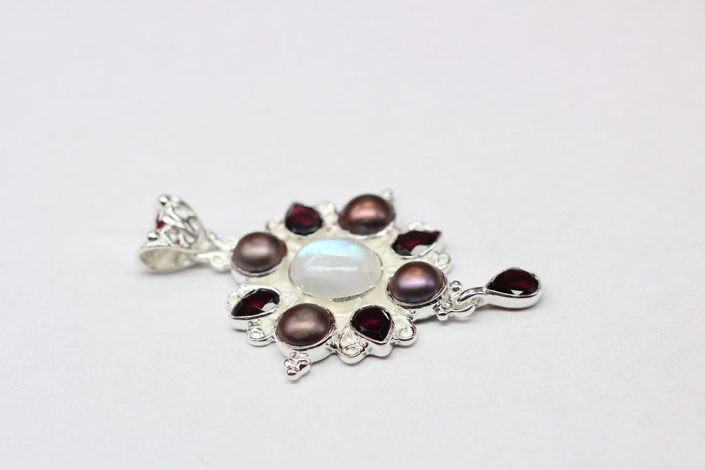 Echter Iolith Anhänger Silber 925, Mondstein & Perle Kette, Dunkelblau Edelstein Schmuck, Vintage Design Collier, Geschenk zum Jubiläum Edel