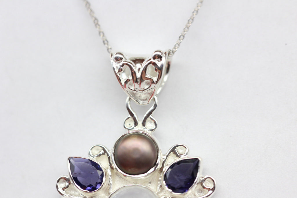 Echter Iolith Anhänger Silber 925, Mondstein & Perle Kette, Dunkelblau Edelstein Schmuck, Vintage Design Collier, Geschenk zum Jubiläum Edel
