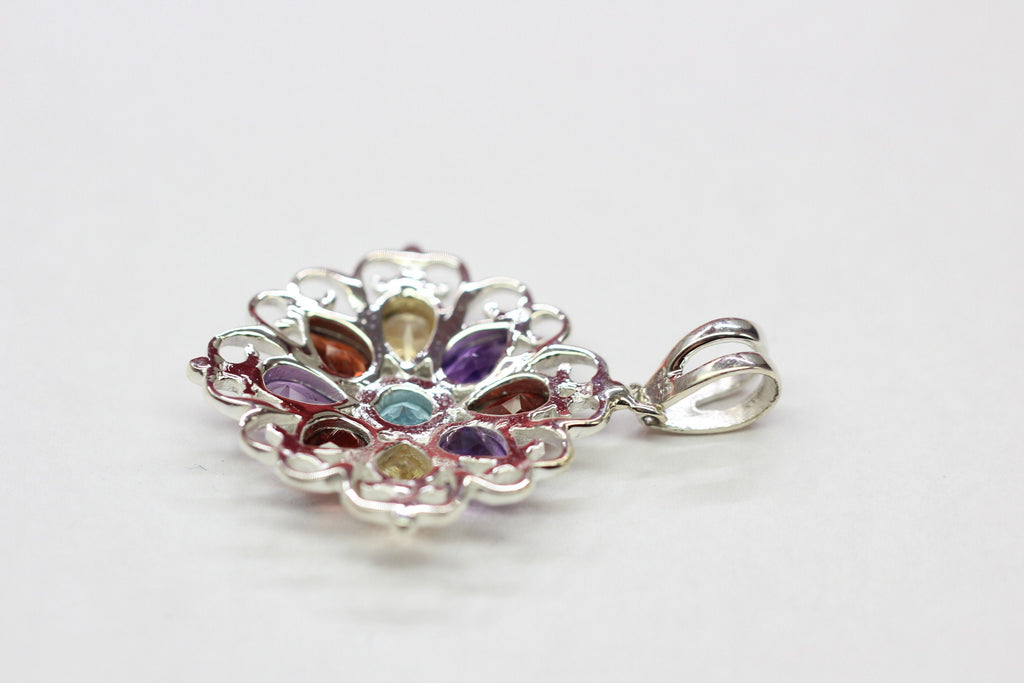 Echter Multi Edelstein Anhänger Silber 925, Tropfen Edelstein Kette Bunt, Regenbogen Schmuck, Filigranes Design, Vintage Stil, Handgefertigt