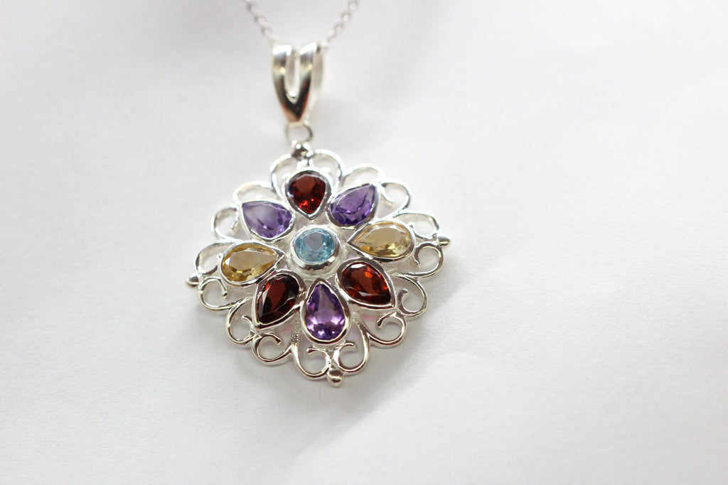 Echter Multi Edelstein Anhänger Silber 925, Tropfen Edelstein Kette Bunt, Regenbogen Schmuck, Filigranes Design, Vintage Stil, Handgefertigt
