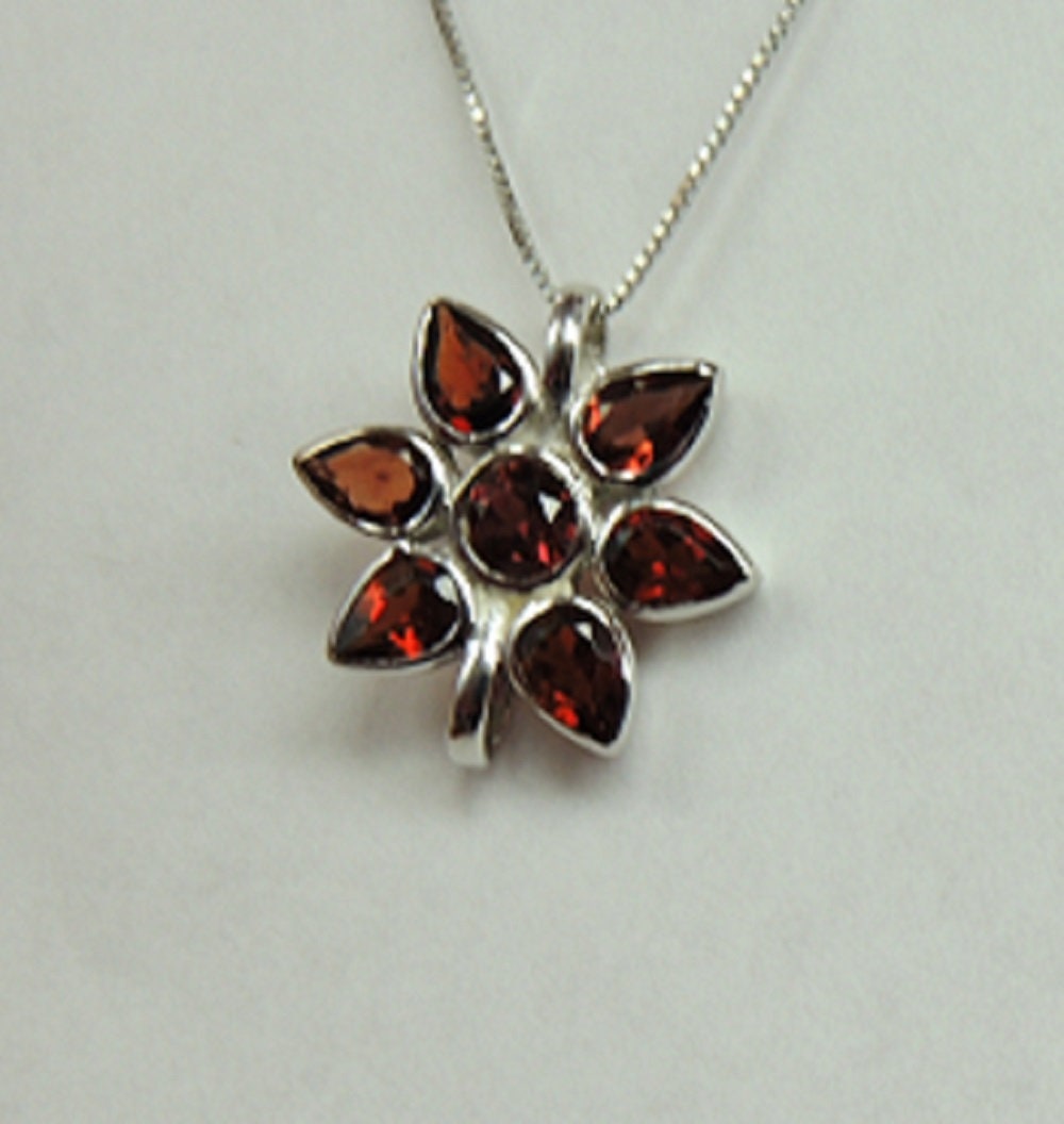 Edler 2,9 Carat Granat Blumen Anhanger 925 Silber Collier Kette blutroter Granat