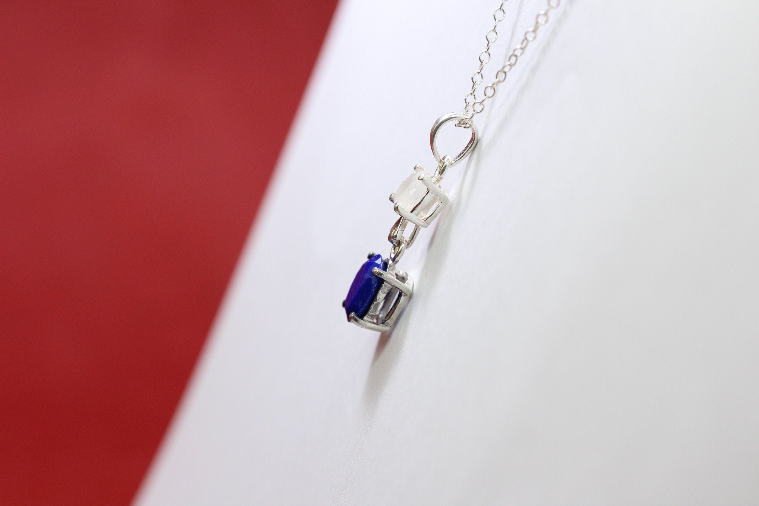 Edler 3,76 Carat Lapislazuli Mondlichttopas Anhanger 925 Silber Collier Kette Top