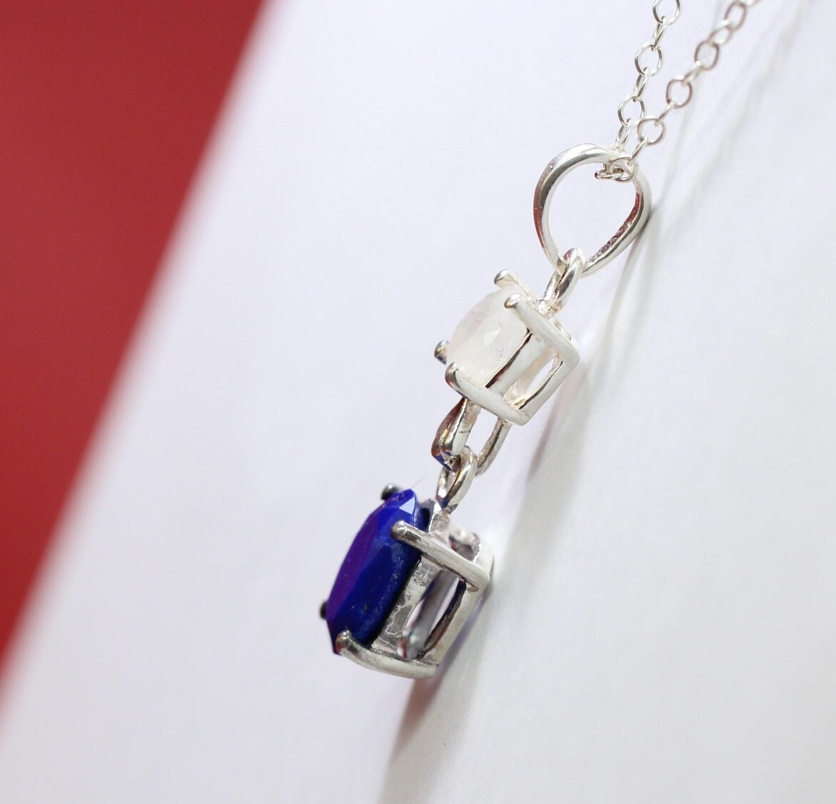 Edler 3,76 Carat Lapislazuli Mondlichttopas Anhanger 925 Silber Collier Kette Top