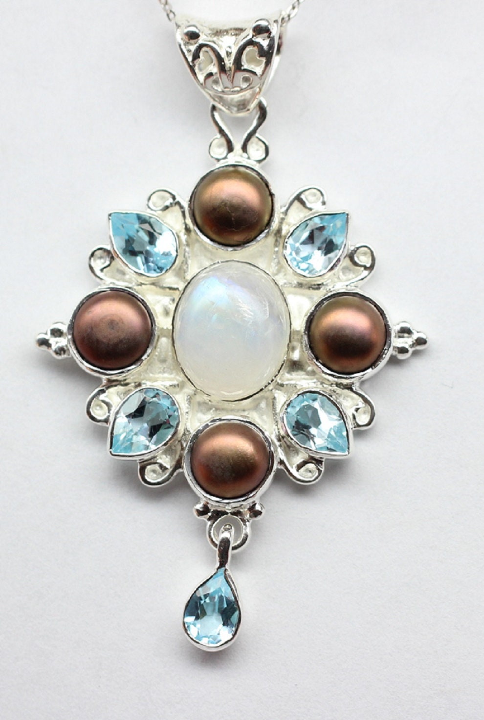 Edler 13,7 Carat Blautopas Perl Regenbogentopas Anhanger 925 Silber Collier Kett