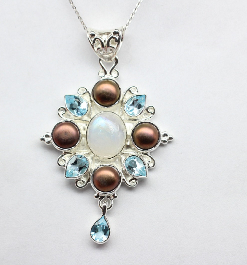 Edler 13,7 Carat Blautopas Perl Regenbogentopas Anhanger 925 Silber Collier Kett