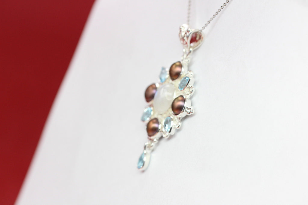 Edler 13,7 Carat Blautopas Perl Regenbogentopas Anhanger 925 Silber Collier Kett