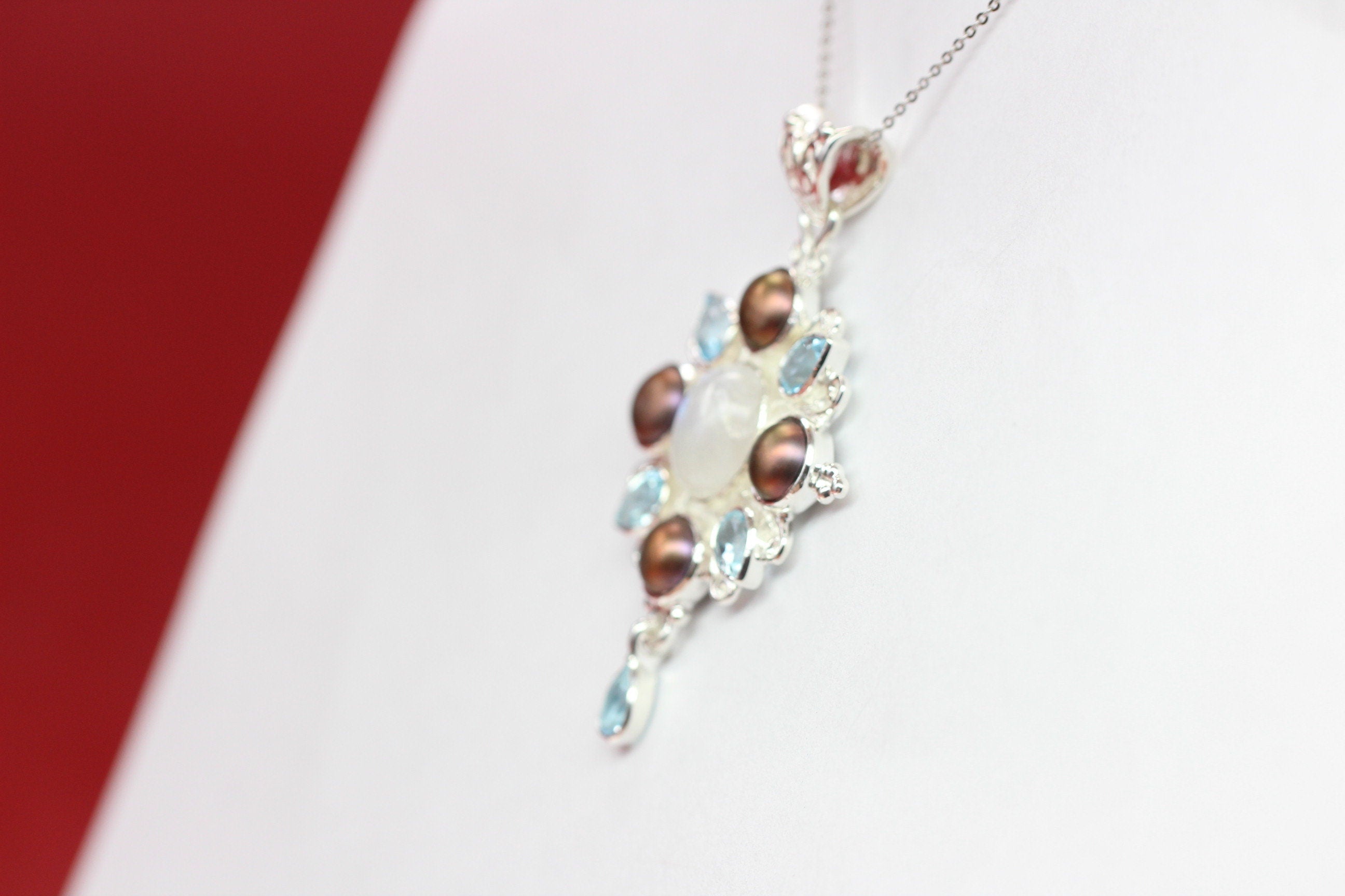 Edler 13,7 Carat Blautopas Perl Regenbogentopas Anhanger 925 Silber Collier Kett