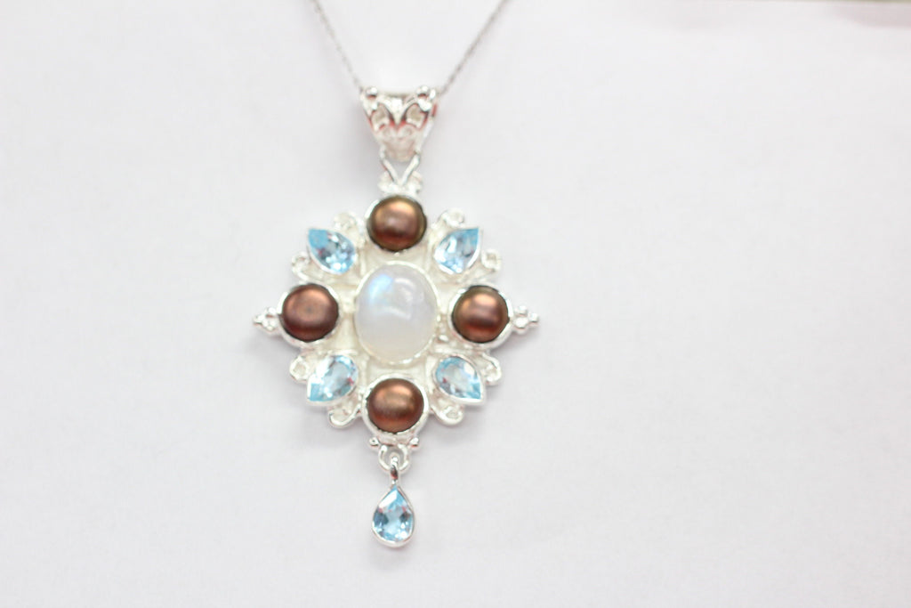 Edler 13,7 Carat Blautopas Perl Regenbogentopas Anhanger 925 Silber Collier Kett