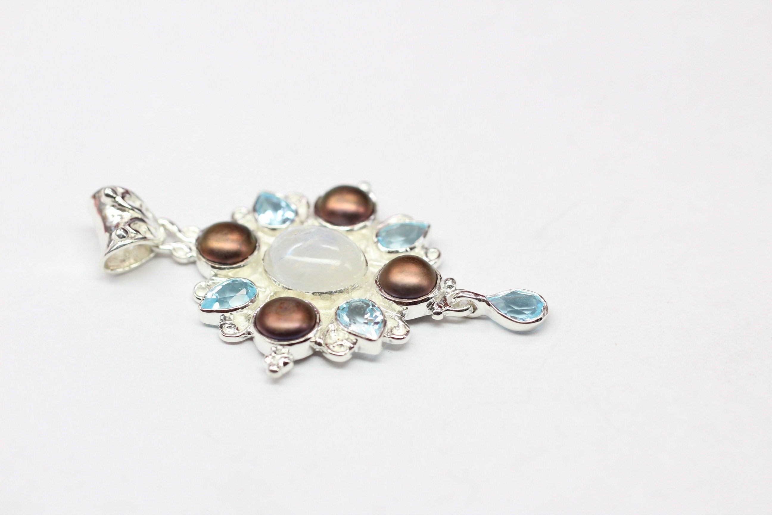 Edler 13,7 Carat Blautopas Perl Regenbogentopas Anhanger 925 Silber Collier Kett