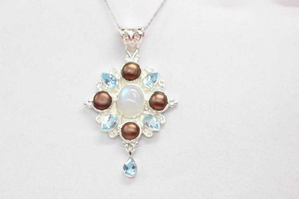 Edler 13,7 Carat Blautopas Perl Regenbogentopas Anhanger 925 Silber Collier Kett