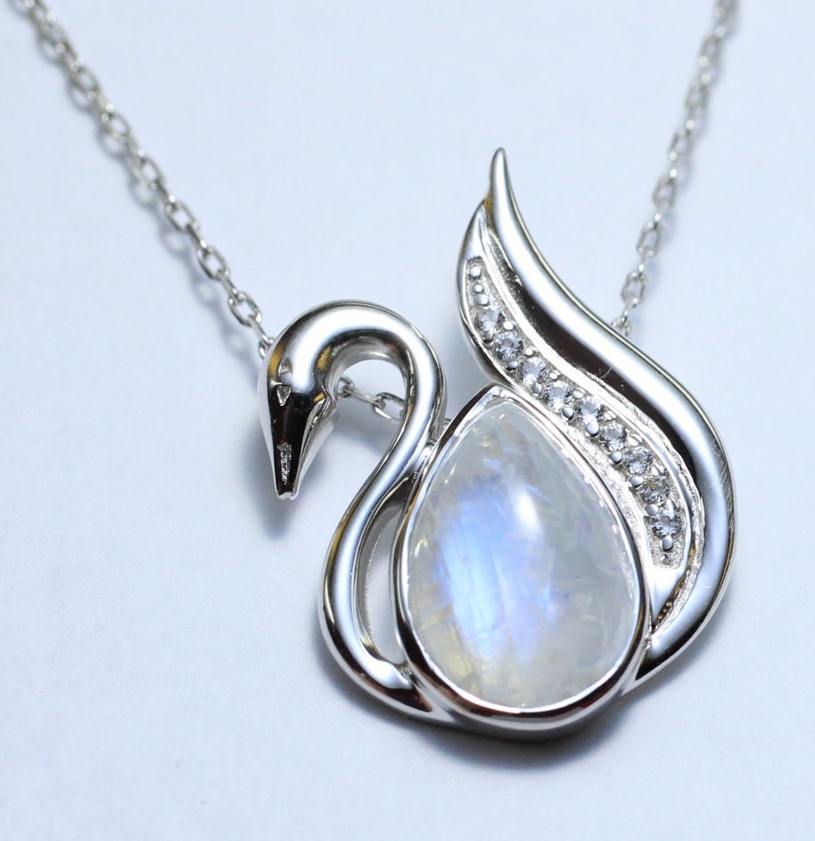 Edler 2,9 Carat  Mondlichttopas Schwanen Anhanger 925 Silber Collier Kette Zirkonia