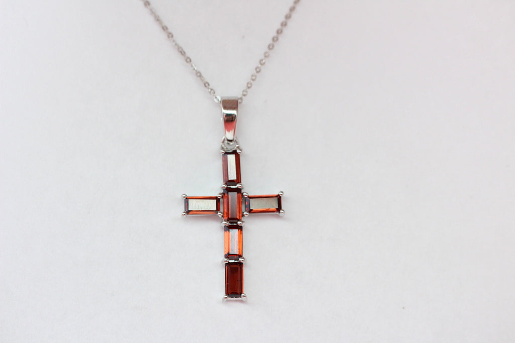 Edler 2,45 Carat Granat  Kreuz Anhanger 925 Silber Collier Kette blutroter Edelstein
