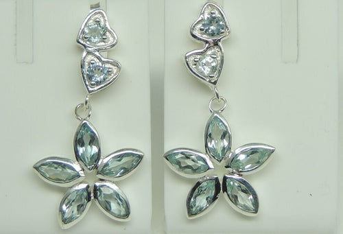 1,55 Carat Blautopas Blumen Ohrstecker, Ohrhanger,925 Silber mit Herzen